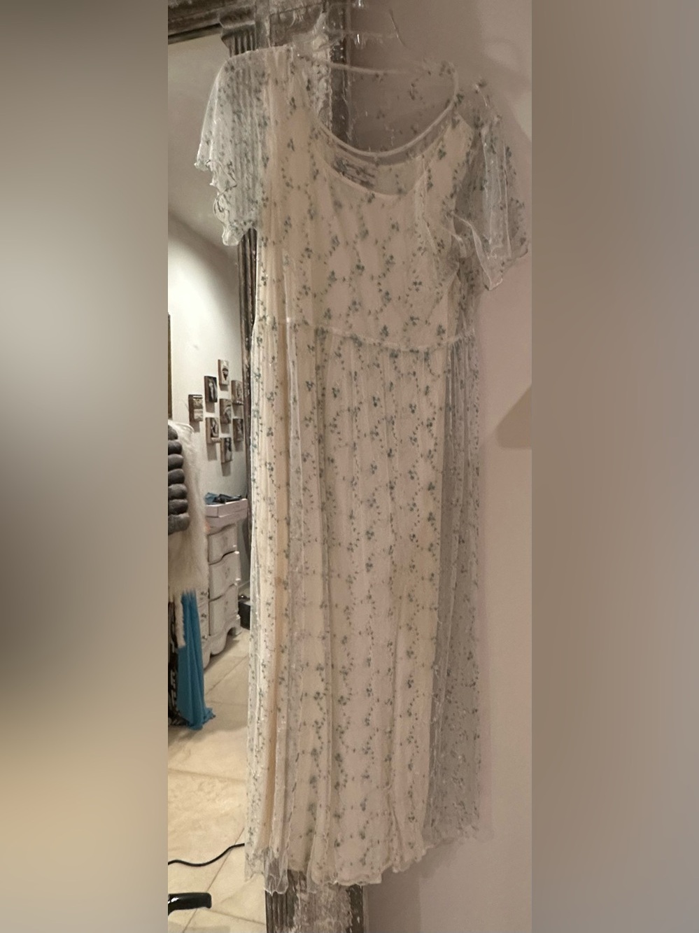 Hopeless Romantic Elegant white blue  lace Floral Tiered Maxi fully lined dress